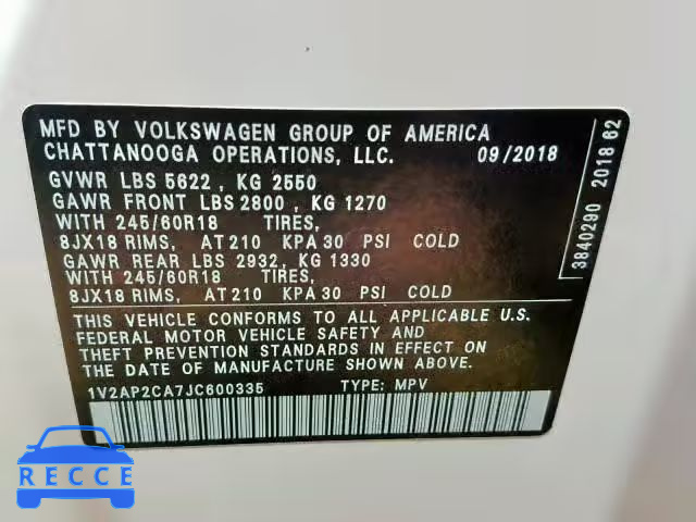 2018 VOLKSWAGEN ATLAS S 1V2AP2CA7JC600335 Bild 9