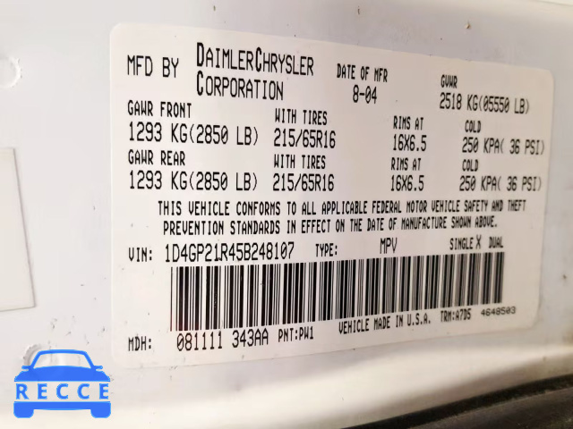 2005 DODGE CARAVAN C/ 1D4GP21R45B248107 Bild 9