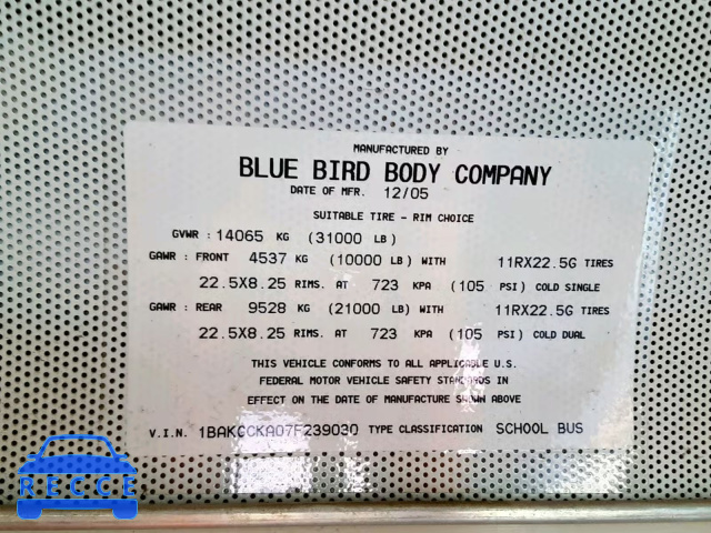 2007 BLUE BIRD SCHOOL BUS 1BAKGCKA07F239030 Bild 9