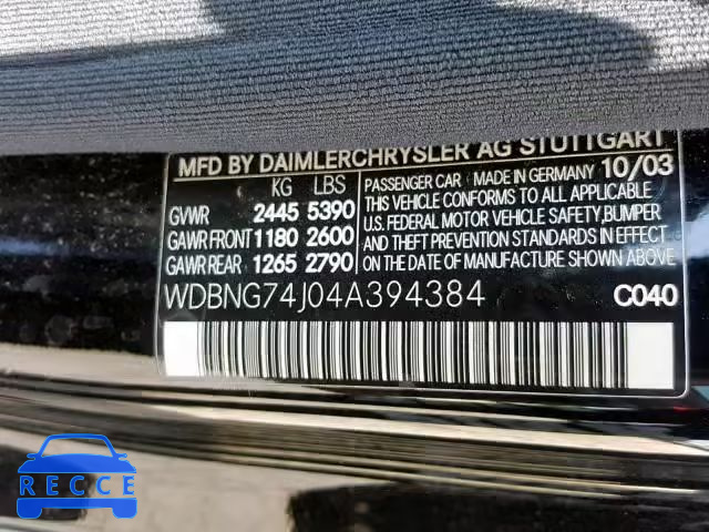 2004 MERCEDES-BENZ S 55 AMG WDBNG74J04A394384 image 9
