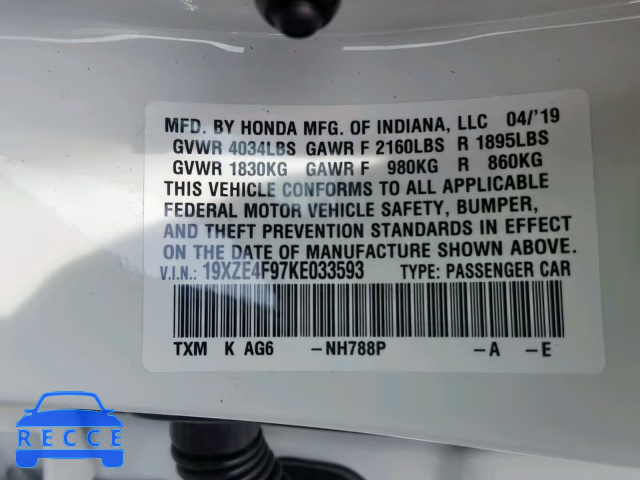 2019 HONDA INSIGHT TO 19XZE4F97KE033593 image 9