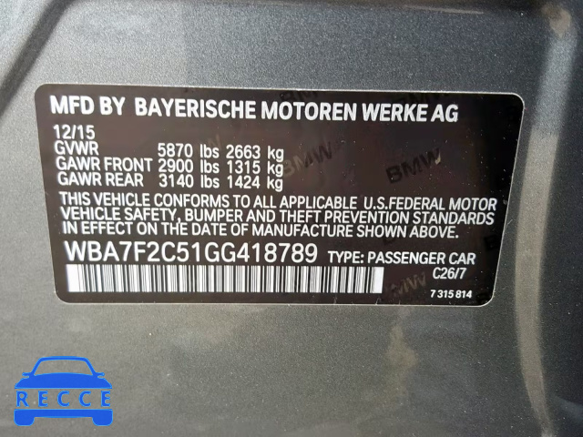 2016 BMW 750 XI WBA7F2C51GG418789 зображення 9