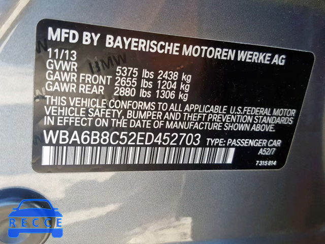 2014 BMW 640 XI WBA6B8C52ED452703 зображення 9