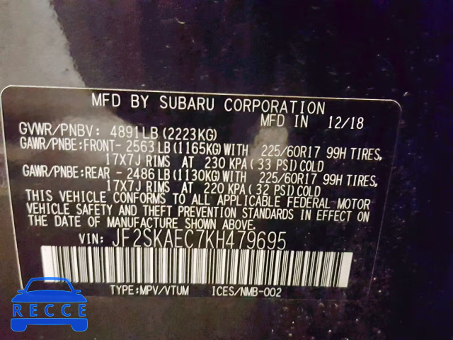 2019 SUBARU FORESTER P JF2SKAEC7KH479695 image 9