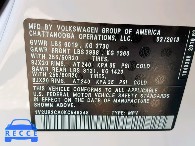 2019 VOLKSWAGEN ATLAS SE 1V2UR2CA0KC549348 зображення 9