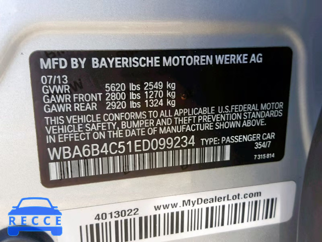2014 BMW 650 XI WBA6B4C51ED099234 зображення 9