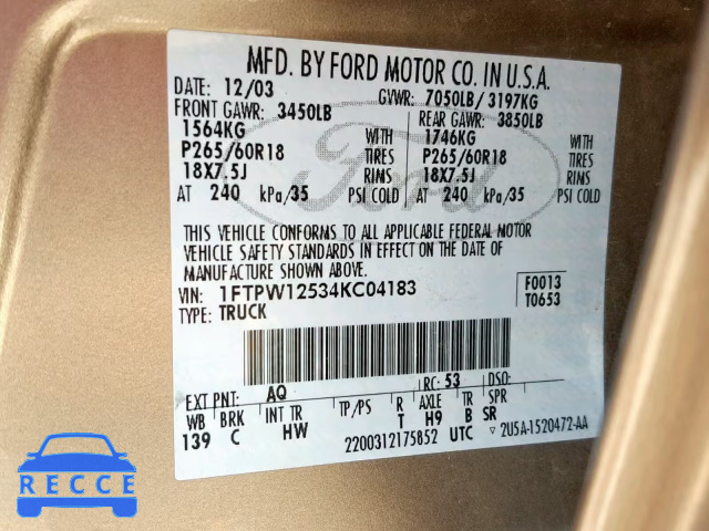 2004 FORD F150 CREW 1FTPW12534KC04183 image 9