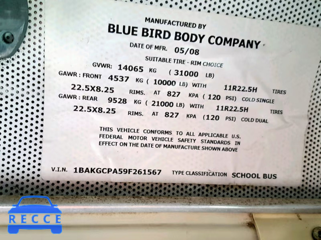 2009 BLUE BIRD SCHOOL BUS 1BAKGCPA59F261567 зображення 9