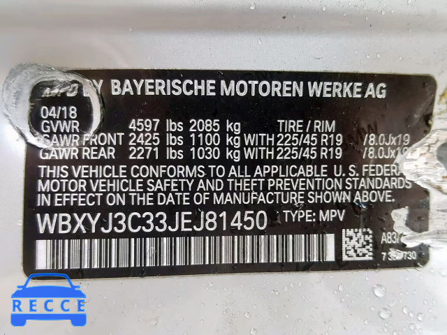 2018 BMW X2 SDRIVE2 WBXYJ3C33JEJ81450 зображення 9