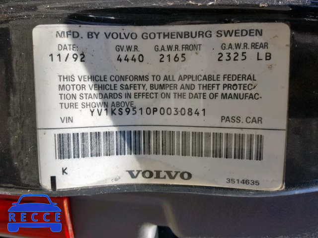 1993 VOLVO 960 YV1KS9510P0030841 image 9