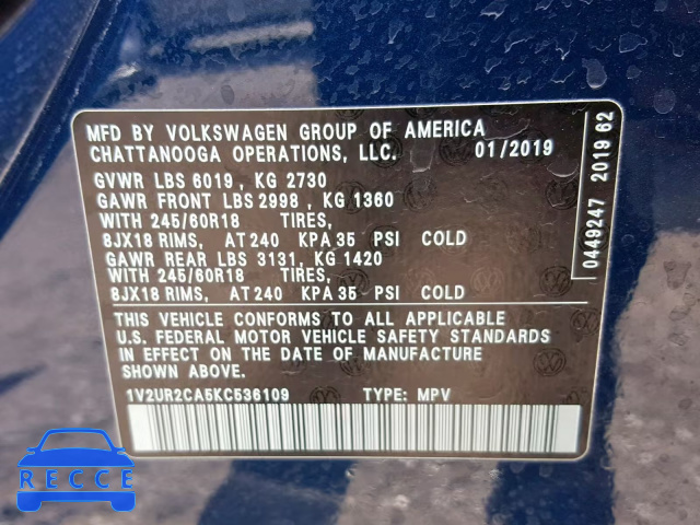 2019 VOLKSWAGEN ATLAS SE 1V2UR2CA5KC536109 зображення 9