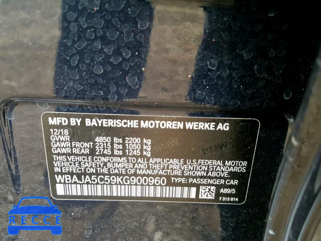 2019 BMW 530 I WBAJA5C59KG900960 image 9