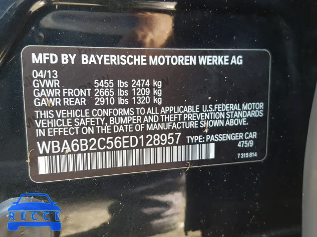 2014 BMW 650 I WBA6B2C56ED128957 зображення 9