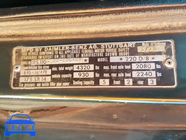 1971 MERCEDES-BENZ 220D 11511010186409 image 9