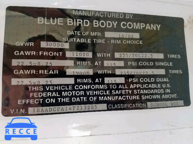 2004 BLUE BIRD SCHOOL BUS 1BAADCPA14F213285 image 9