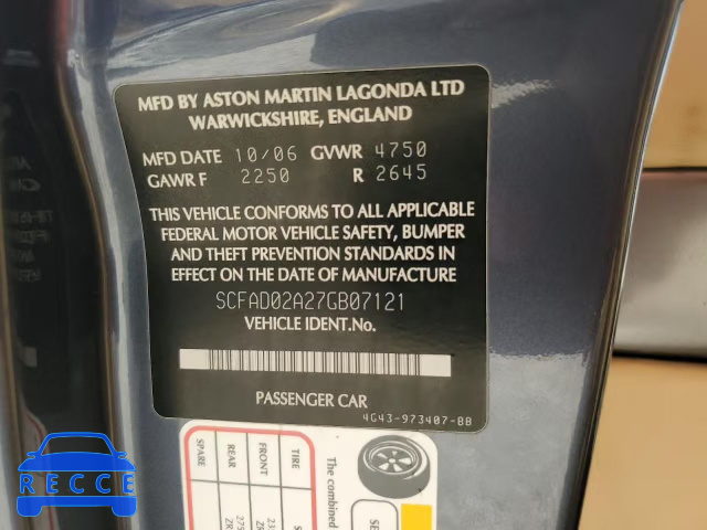 2007 ASTON MARTIN DB9 VOLANT SCFAD02A27GB07121 Bild 11