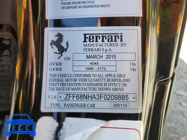 2015 FERRARI 458 SPIDER ZFF68NHA3F0209885 зображення 11
