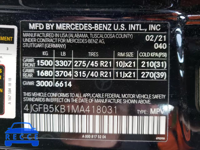 2021 MERCEDES-BENZ GLE 450 4M 4JGFB5KB1MA418031 Bild 12