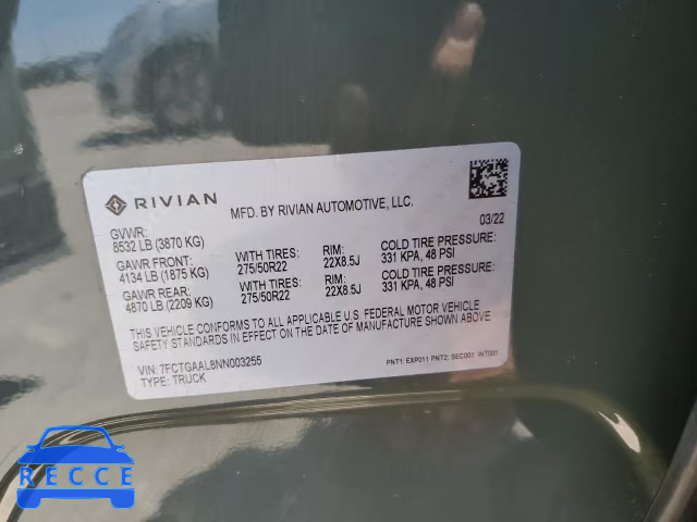 2022 RIVIAN R1T LAUNCH 7FCTGAAL8NN003255 зображення 12