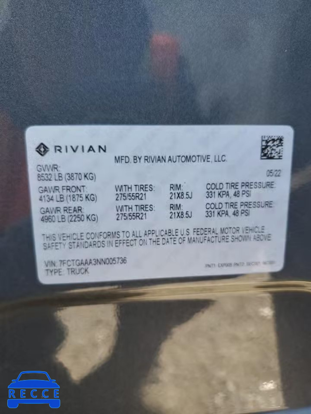 2022 RIVIAN R1T ADVENT 7FCTGAAA3NN005736 зображення 11