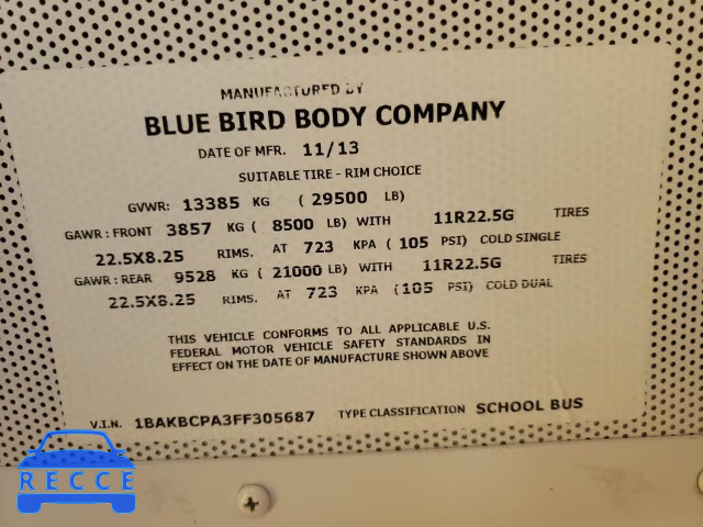 2015 BLUE BIRD SCHOOL BUS 1BAKBCPA3FF305687 зображення 12