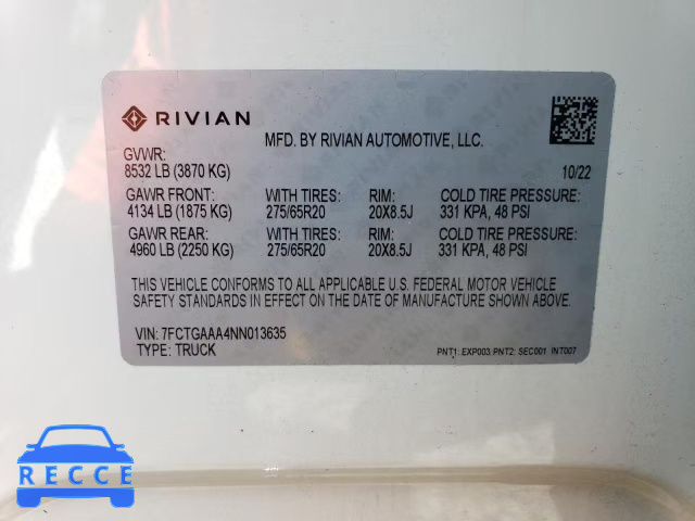 2022 RIVIAN R1T ADVENT 7FCTGAAA4NN013635 зображення 12