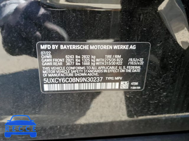 2022 BMW X6 XDRIVE4 5UXCY6C08N9N30237 image 12
