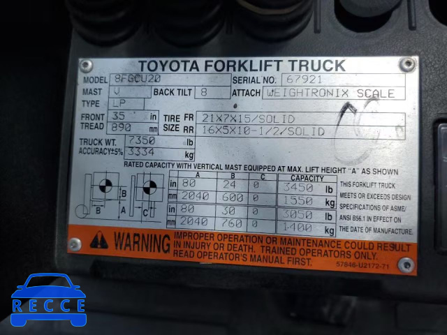 2015 TOYOTA FORKLIFT 67921 зображення 9