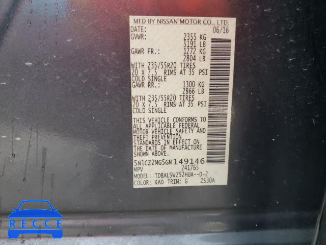 2016 NISSAN MURANO SL 5N1CZ2MG5GN149146 image 12