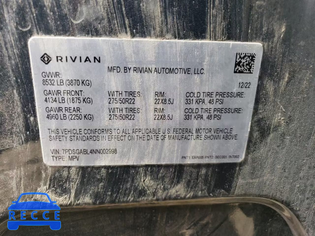 2022 RIVIAN R1S LAUNCH 7PDSGABL4NN002998 зображення 12