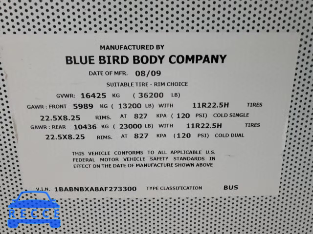 2010 BLUE BIRD SCHOOL BUS 1BABNBXA8AF273300 зображення 9