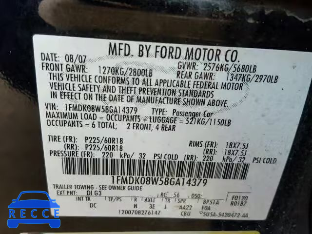 2008 FORD TAURUS X E 1FMDK08W58GA14379 зображення 9