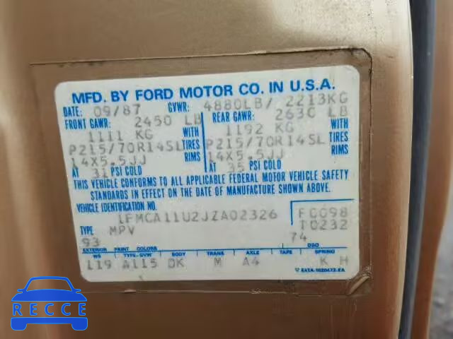 1988 FORD AEROSTAR 1FMCA11U2JZA02326 Bild 9