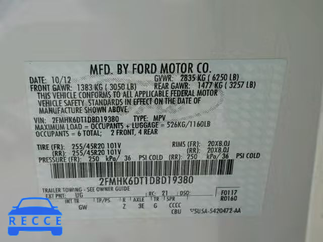 2013 FORD FLEX LIMIT 2FMHK6DT1DBD19380 Bild 9