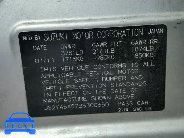 2011 SUZUKI SX4 JS2YA5A57B6300650 image 9