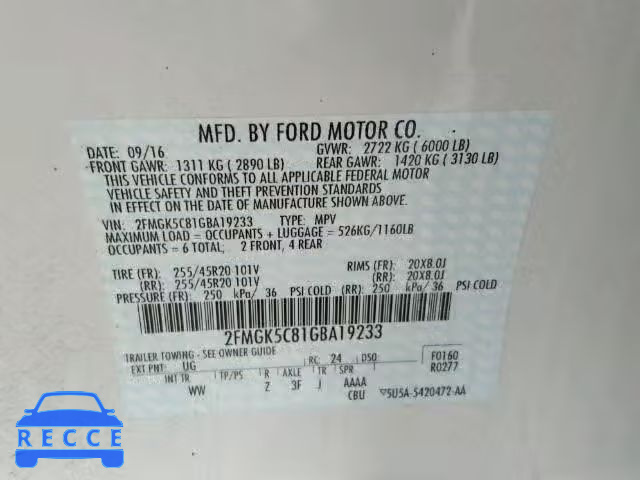 2016 FORD FLEX SEL 2FMGK5C81GBA19233 image 9