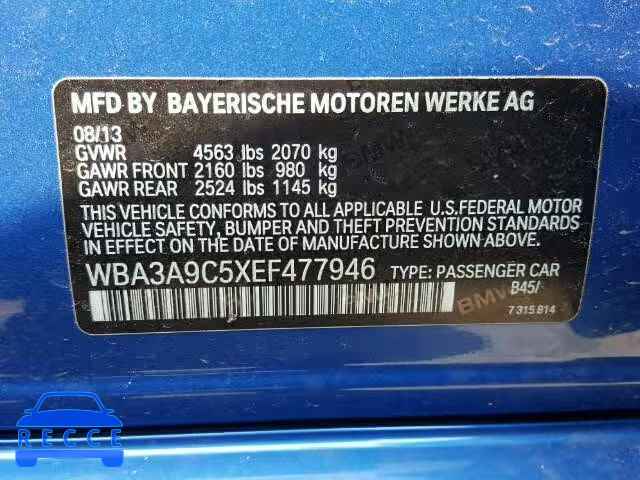 2014 BMW 335I WBA3A9C5XEF477946 зображення 9