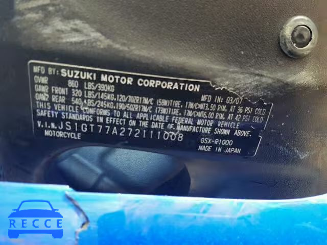 2007 SUZUKI GSX-R1000 JS1GT77A272111008 Bild 9