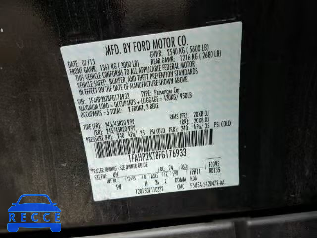 2015 FORD TAURUS SHO 1FAHP2KT8FG176933 image 9