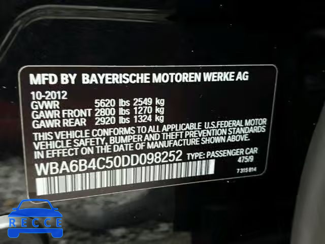 2013 BMW 650I XI WBA6B4C50DD098252 зображення 9