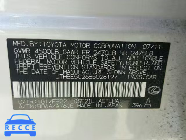 2011 LEXUS IS350 JTHBE5C26B5028197 image 9