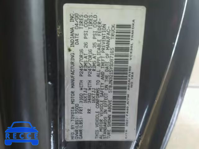 2000 TOYOTA TUNDRA 5TBJN3215YS087165 image 9