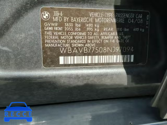 2008 BMW 335I WBAVB77508NJ97094 зображення 9