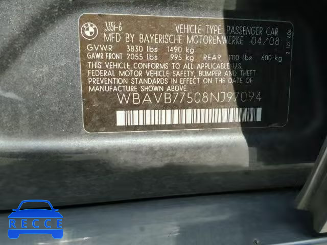 2008 BMW 335I WBAVB77508NJ97094 image 9