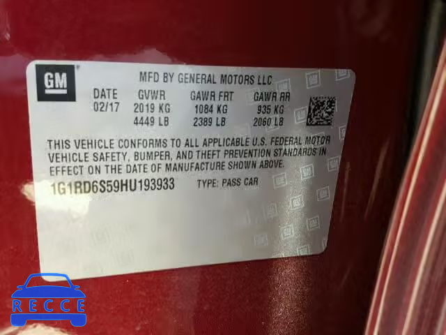 2017 CHEVROLET VOLT PREMI 1G1RD6S59HU193933 image 9