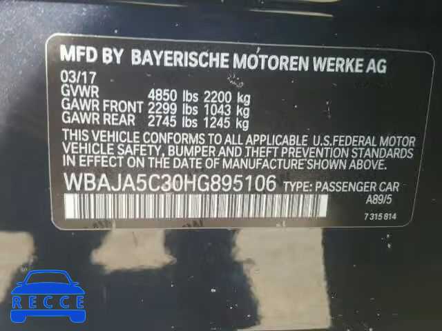 2017 BMW 530 I WBAJA5C30HG895106 зображення 9