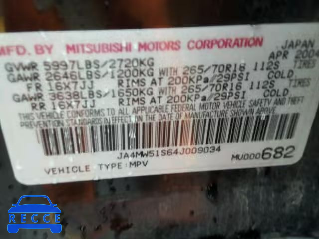 2004 MITSUBISHI MONTERO LI JA4MW51S64J009034 зображення 9
