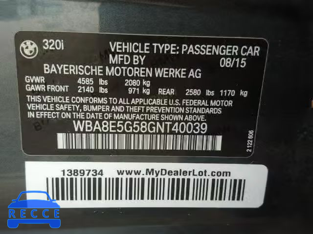 2016 BMW 320I XDRIV WBA8E5G58GNT40039 image 9