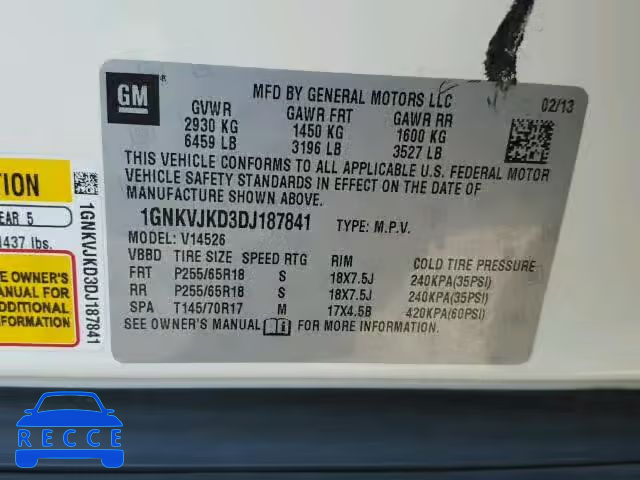 2013 CHEVROLET TRAVERSE 2 1GNKVJKD3DJ187841 image 9