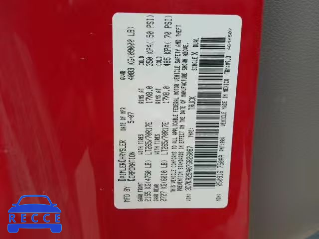 2007 DODGE RAM 2500 M 3D7KR29A07G826087 image 9